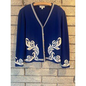 St. John Sport By Marie Gray Wool-Blend Blue Cardigan With White Scroll Design &